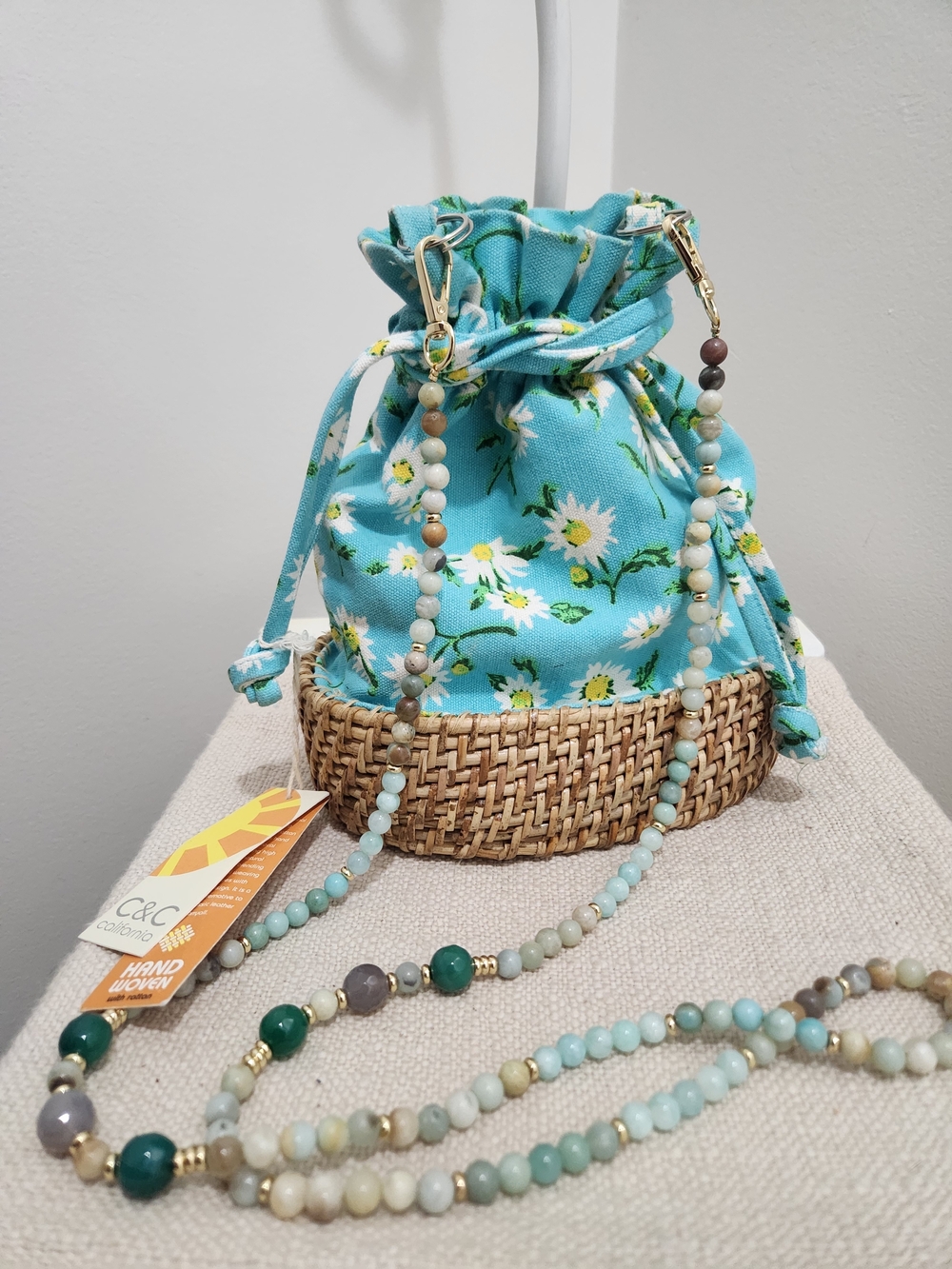 C.C Turquoise Floral Drawstring Bag with Brown Trim!